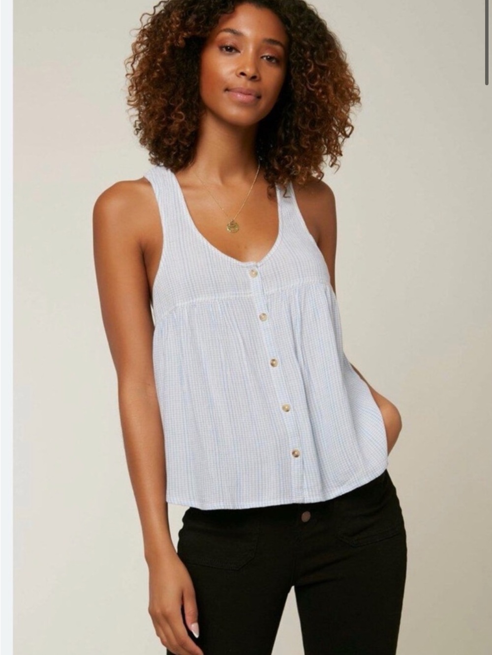 I will Meter light blue and white  button down tank